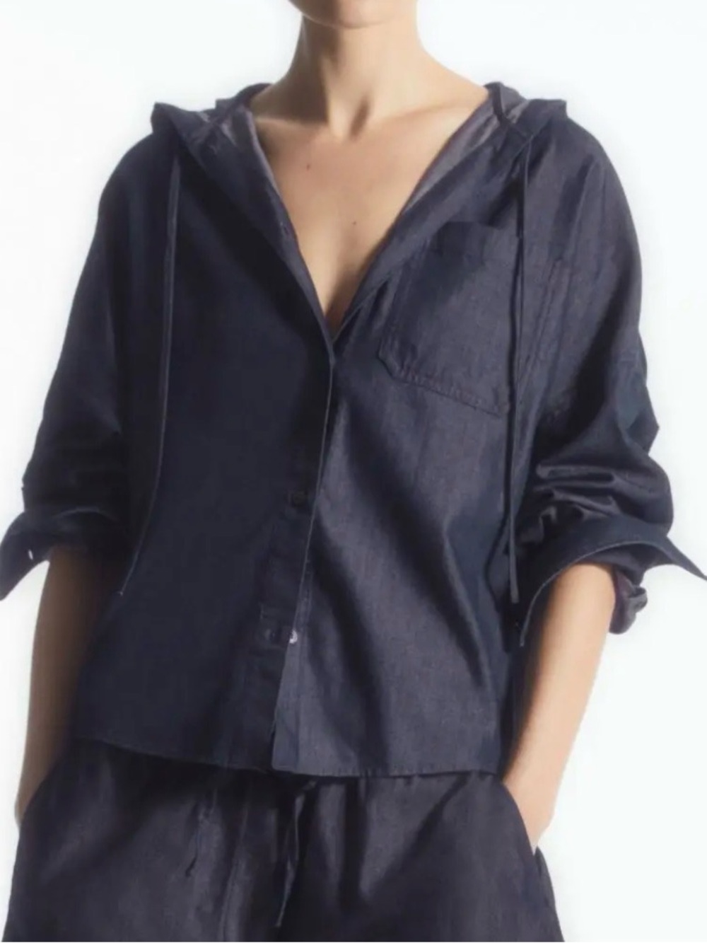 Relaxed COS Navy Hooded Button-Down Top